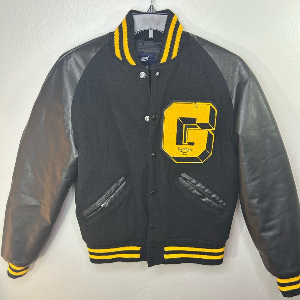 Vintage Jostens Varsity Letterman Jacket Black Yellow G Patch Size Small